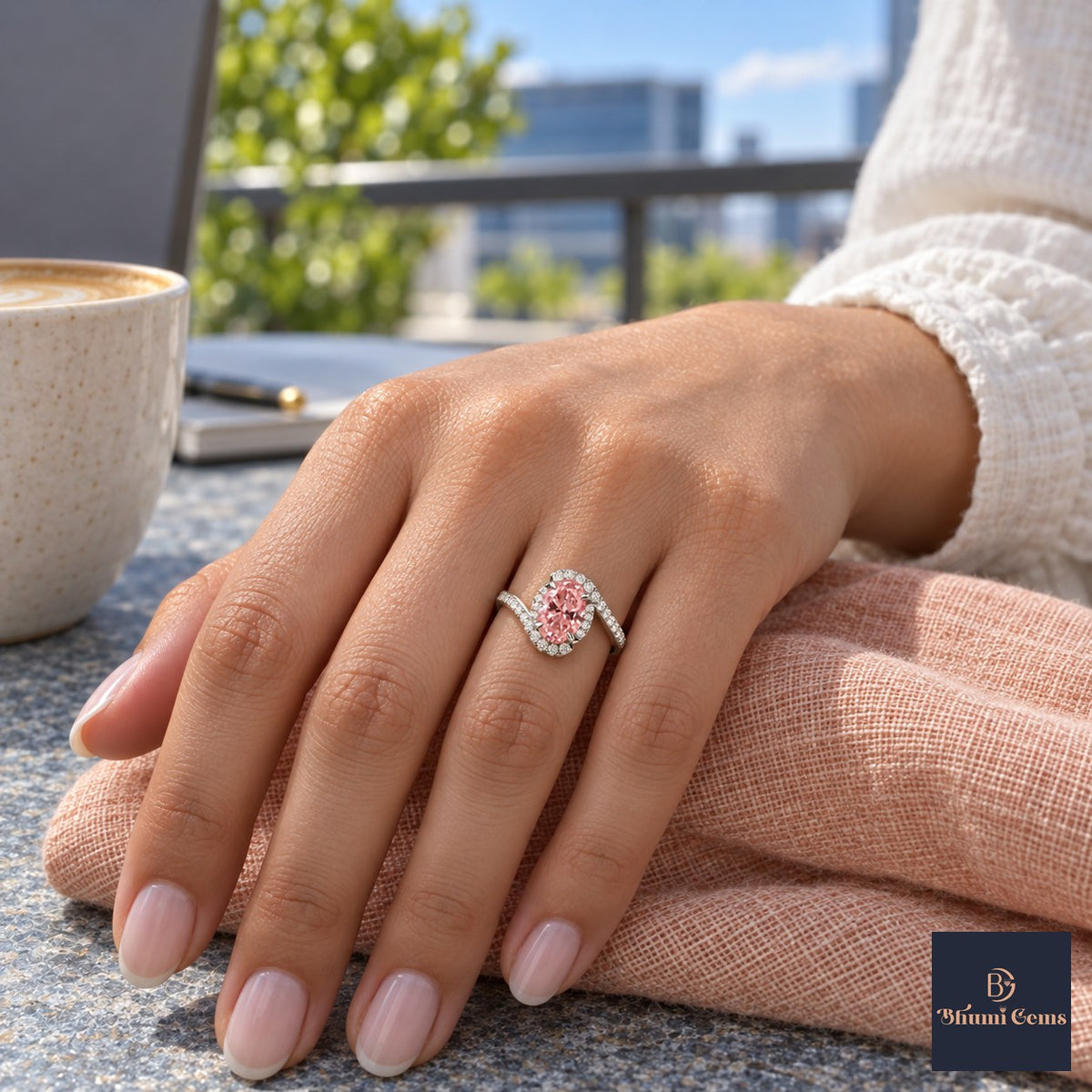 Pink Oval Cut Lab Grown Diamond Engagement Ring - Halo Bypass in white gold, on the hand