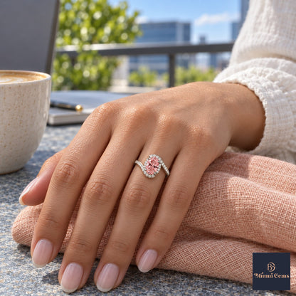 Pink Oval Cut Lab Grown Diamond Engagement Ring - Halo Bypass in white gold, on the hand