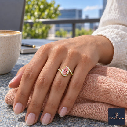 Pink Oval Cut Lab Grown Diamond Engagement Ring - Halo Bypass in yellow gold, on the hand