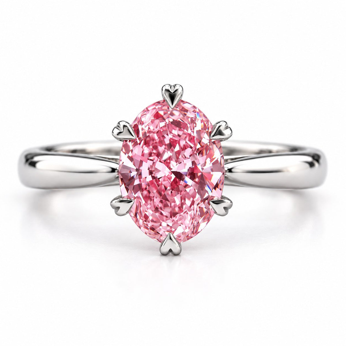 Pink Oval Cut Lab Grown Diamond Engagement Ring - Heart Prong Solitaire in white gold, front view