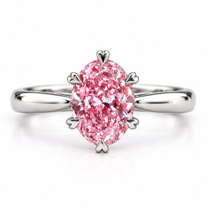 Pink Oval Cut Lab Grown Diamond Engagement Ring - Heart Prong Solitaire in white gold, front view