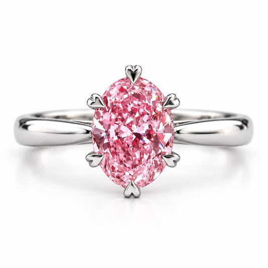 Pink Oval Cut Lab Grown Diamond Engagement Ring - Heart Prong Solitaire in white gold, front view