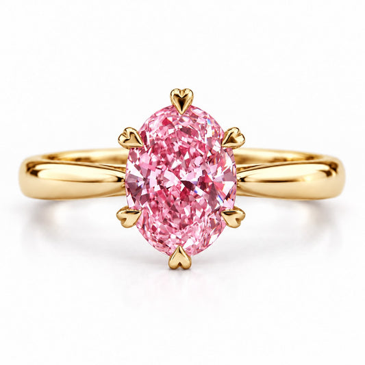 Pink Oval Cut Lab Grown Diamond Engagement Ring - Heart Prong Solitaire in yellow gold, front view