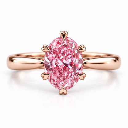 Pink Oval Cut Lab Grown Diamond Engagement Ring - Heart Prong Solitaire in rose gold, front view