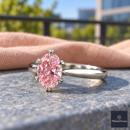 Pink Oval Cut Lab Grown Diamond Engagement Ring - Heart Prong Solitaire in white gold, close-up