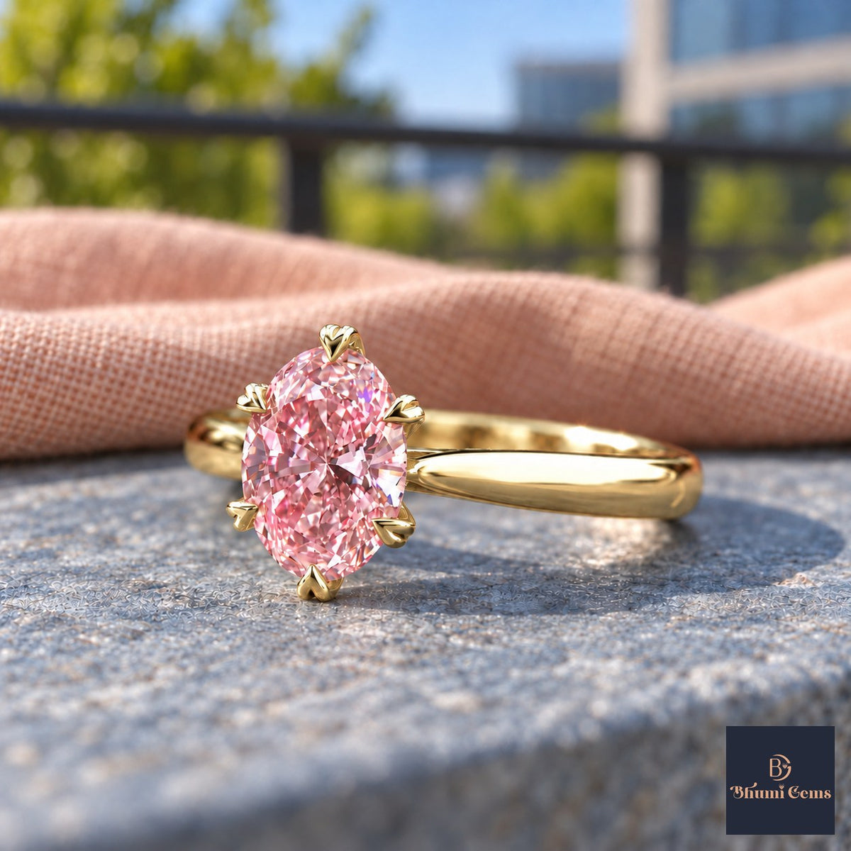 Pink Oval Cut Lab Grown Diamond Engagement Ring - Heart Prong Solitaire in yellow gold, close-up