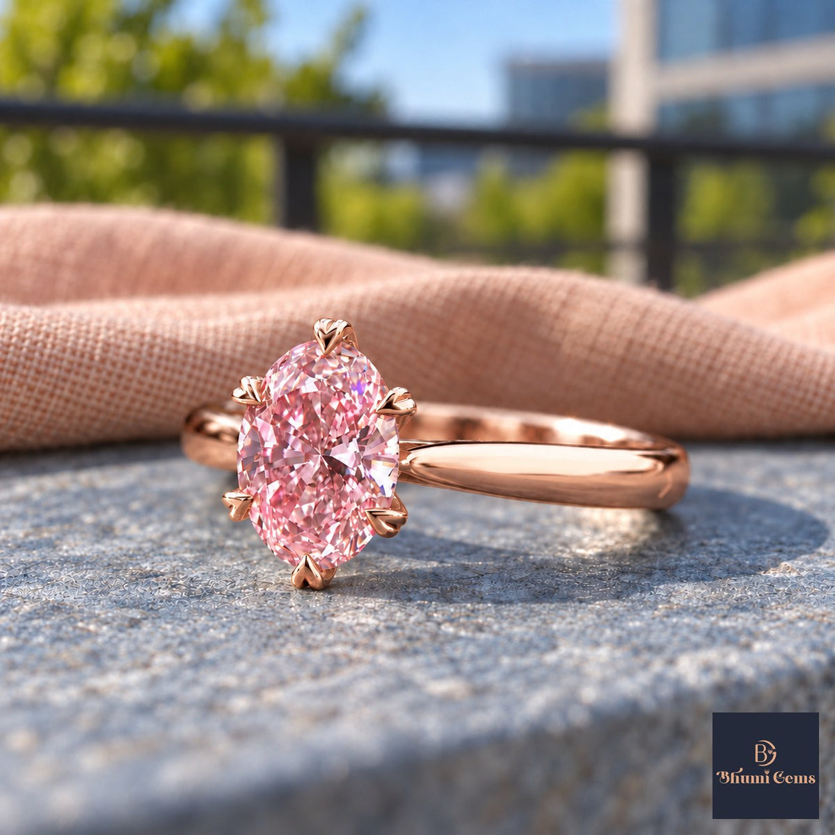 Pink Oval Cut Lab Grown Diamond Engagement Ring - Heart Prong Solitaire in rose gold, close-up
