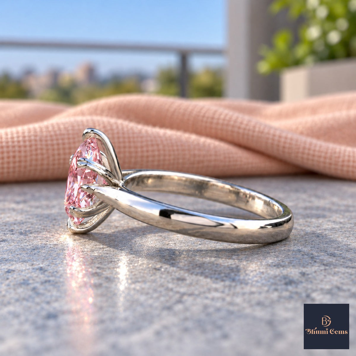 Pink Oval Cut Lab Grown Diamond Engagement Ring - Heart Prong Solitaire in white gold, side view