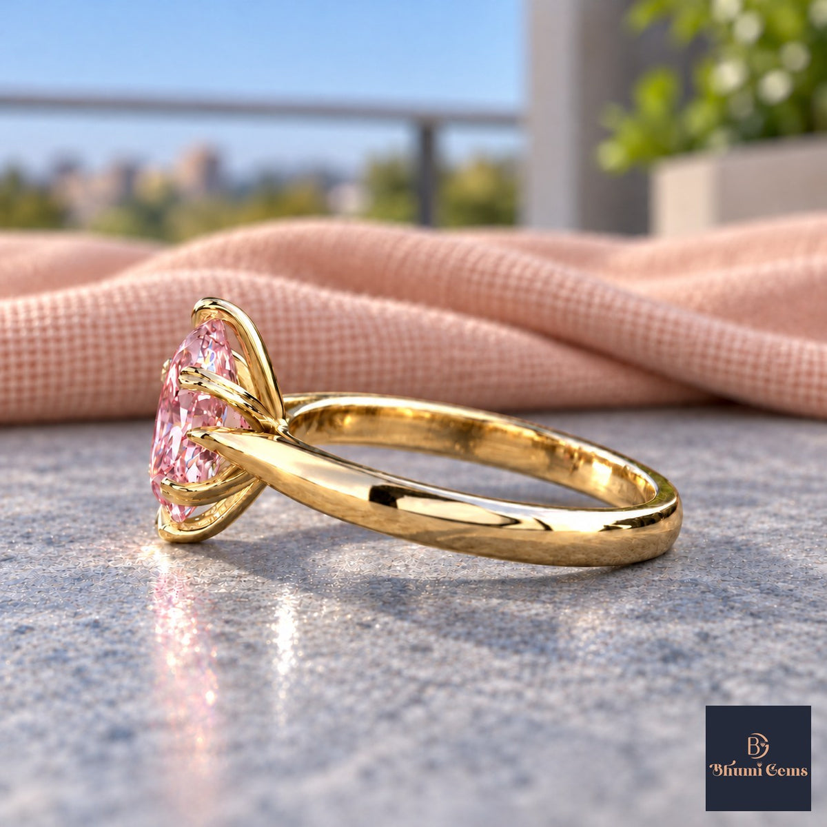 Pink Oval Cut Lab Grown Diamond Engagement Ring - Heart Prong Solitaire in yellow gold, side view