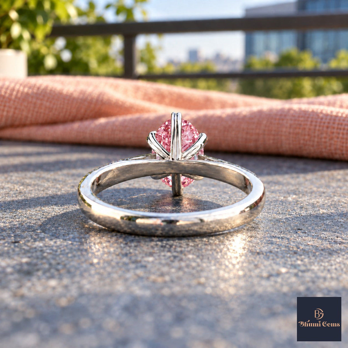 Pink Oval Cut Lab Grown Diamond Engagement Ring - Heart Prong Solitaire in white gold, gallery view