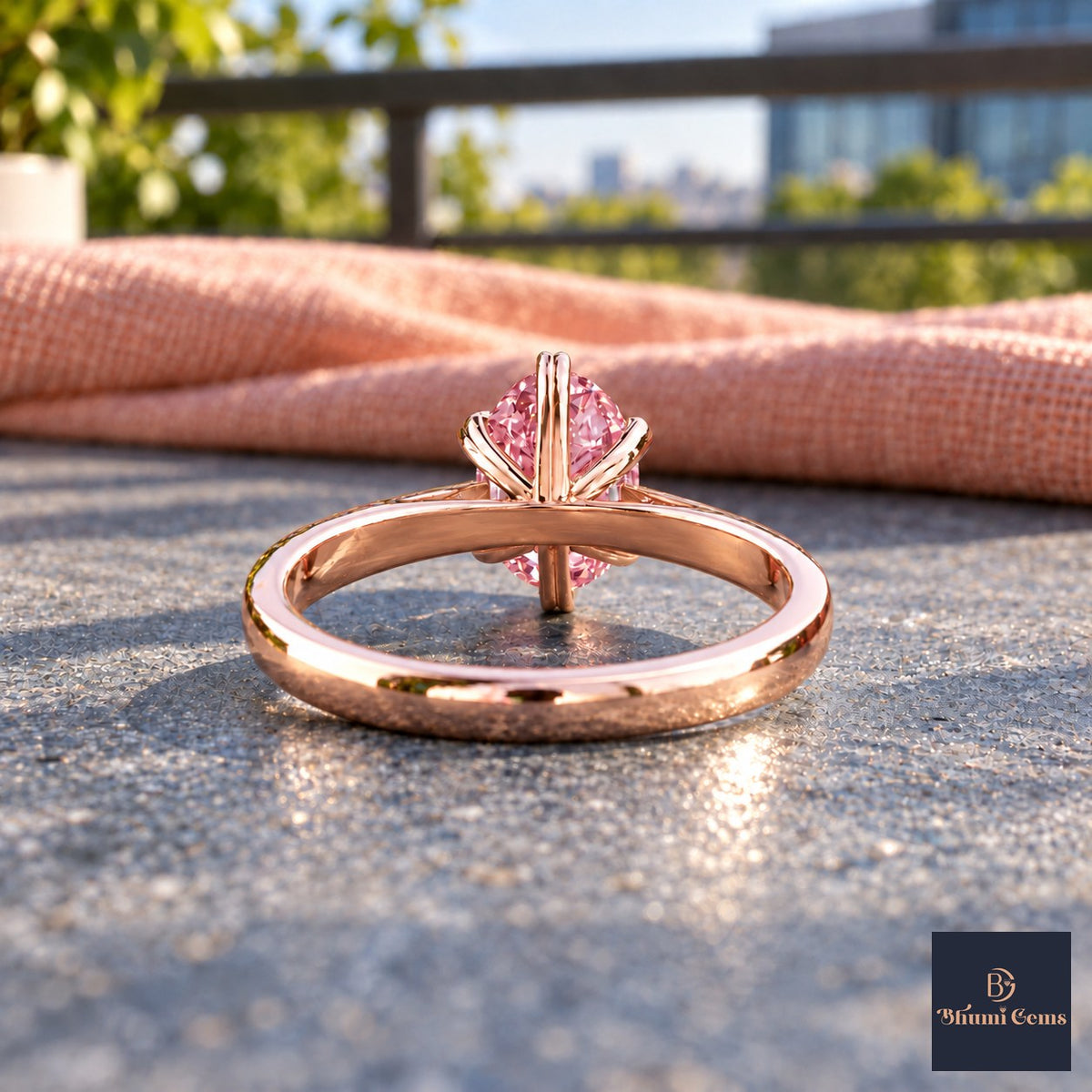 Pink Oval Cut Lab Grown Diamond Engagement Ring - Heart Prong Solitaire in rose gold, gallery view