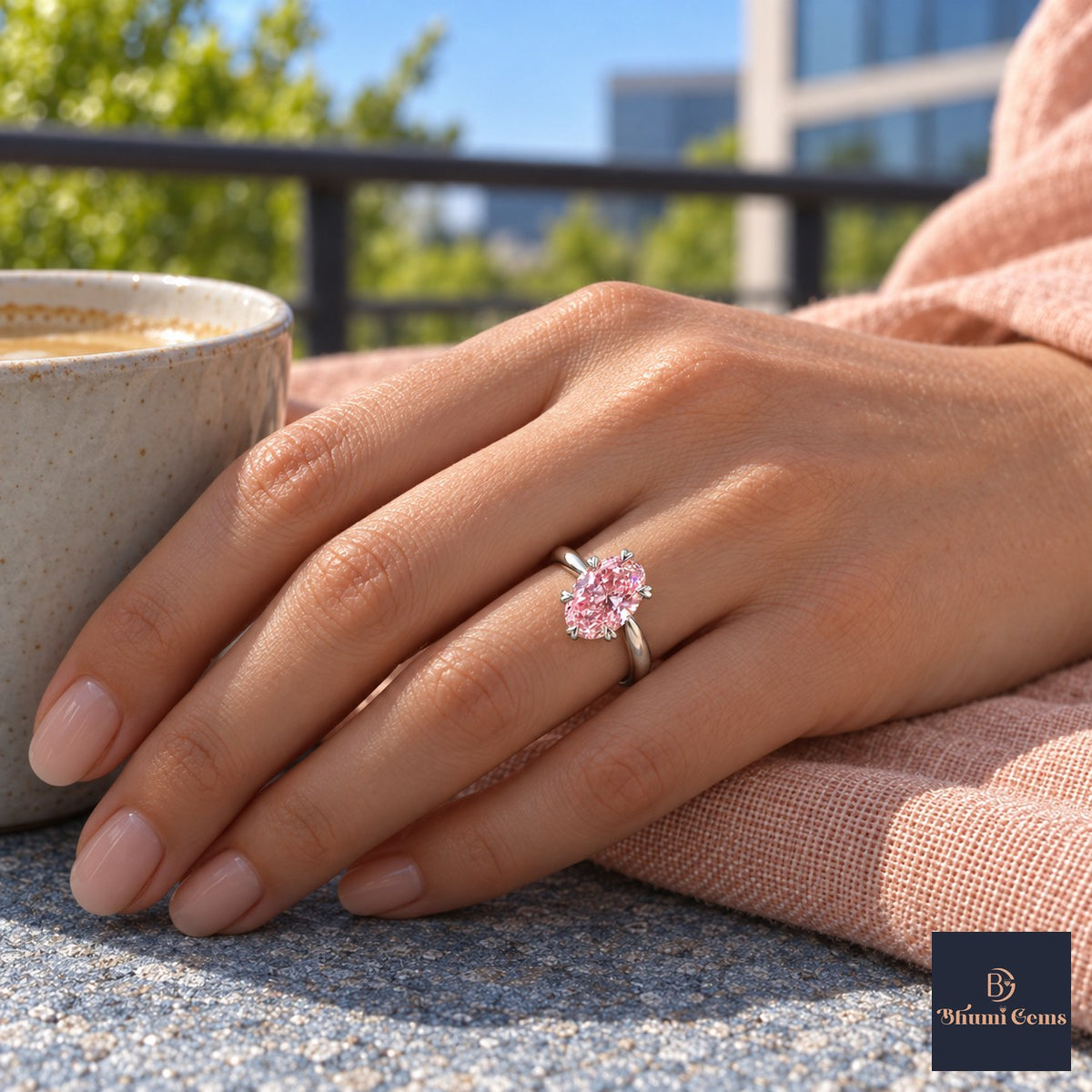 Pink Oval Cut Lab Grown Diamond Engagement Ring - Heart Prong Solitaire in white gold, on the hand