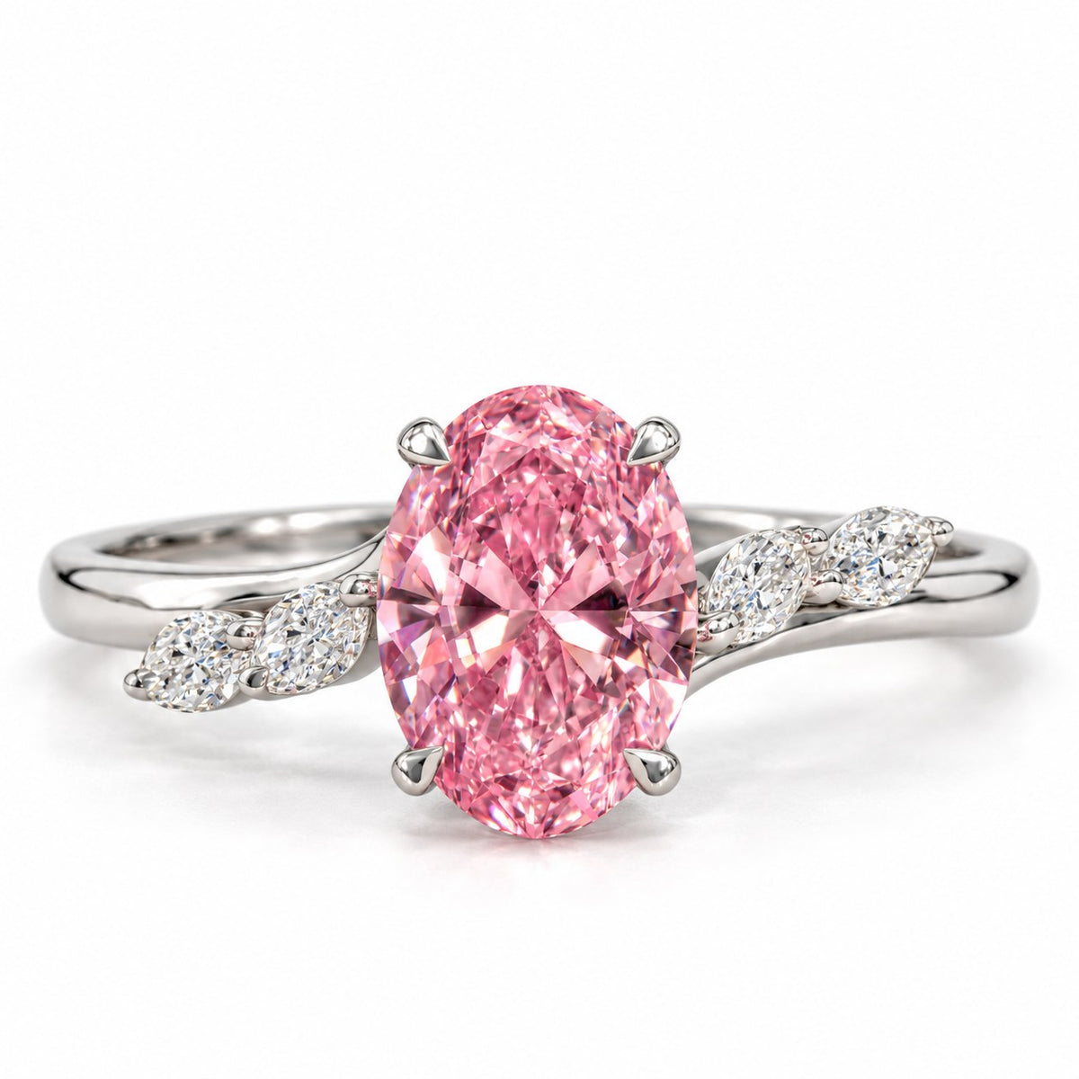 Pink Oval Cut Lab Grown Diamond Engagement Ring - Leaf Bypass in white gold, front view