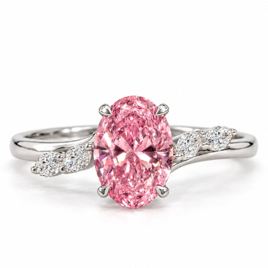 Pink Oval Cut Lab Grown Diamond Engagement Ring - Leaf Bypass in white gold, front view