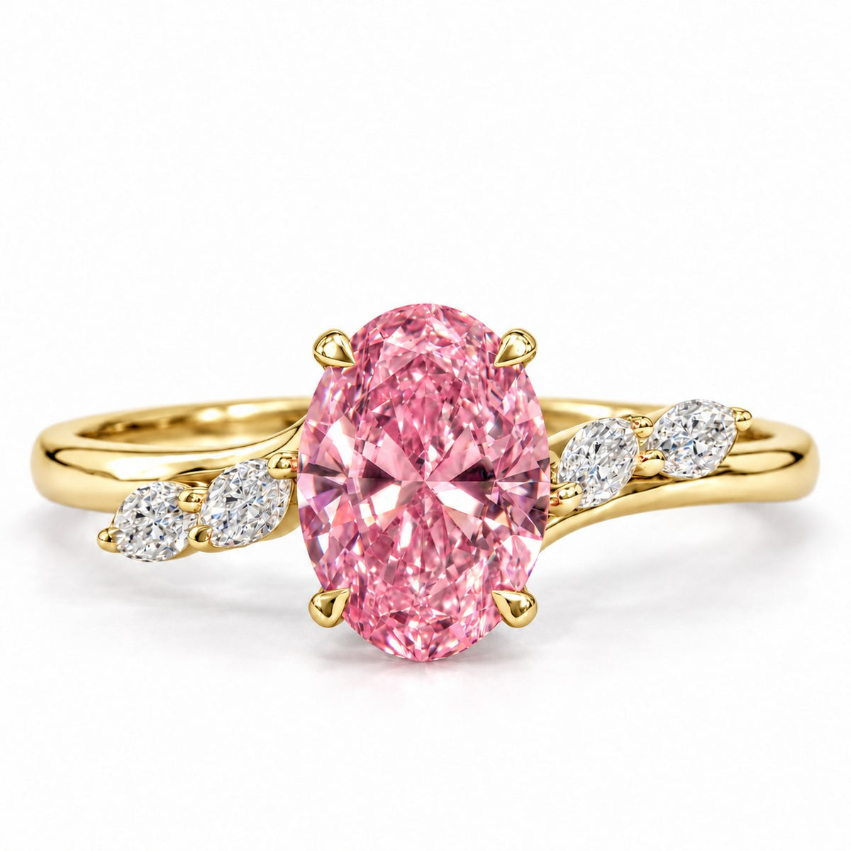 Pink Oval Cut Lab Grown Diamond Engagement Ring - Leaf Bypass in yellow gold, front view