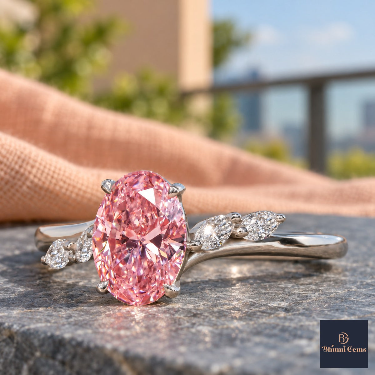 Pink Oval Cut Lab Grown Diamond Engagement Ring - Leaf Bypass in white gold, close-up