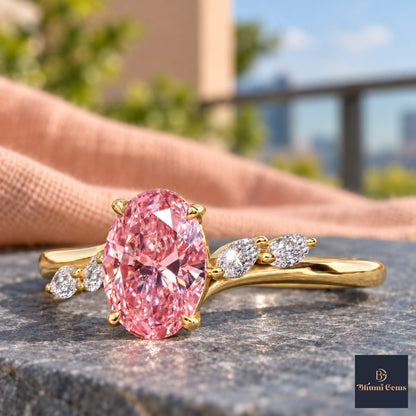 Pink Oval Cut Lab Grown Diamond Engagement Ring - Leaf Bypass in yellow gold, close-up