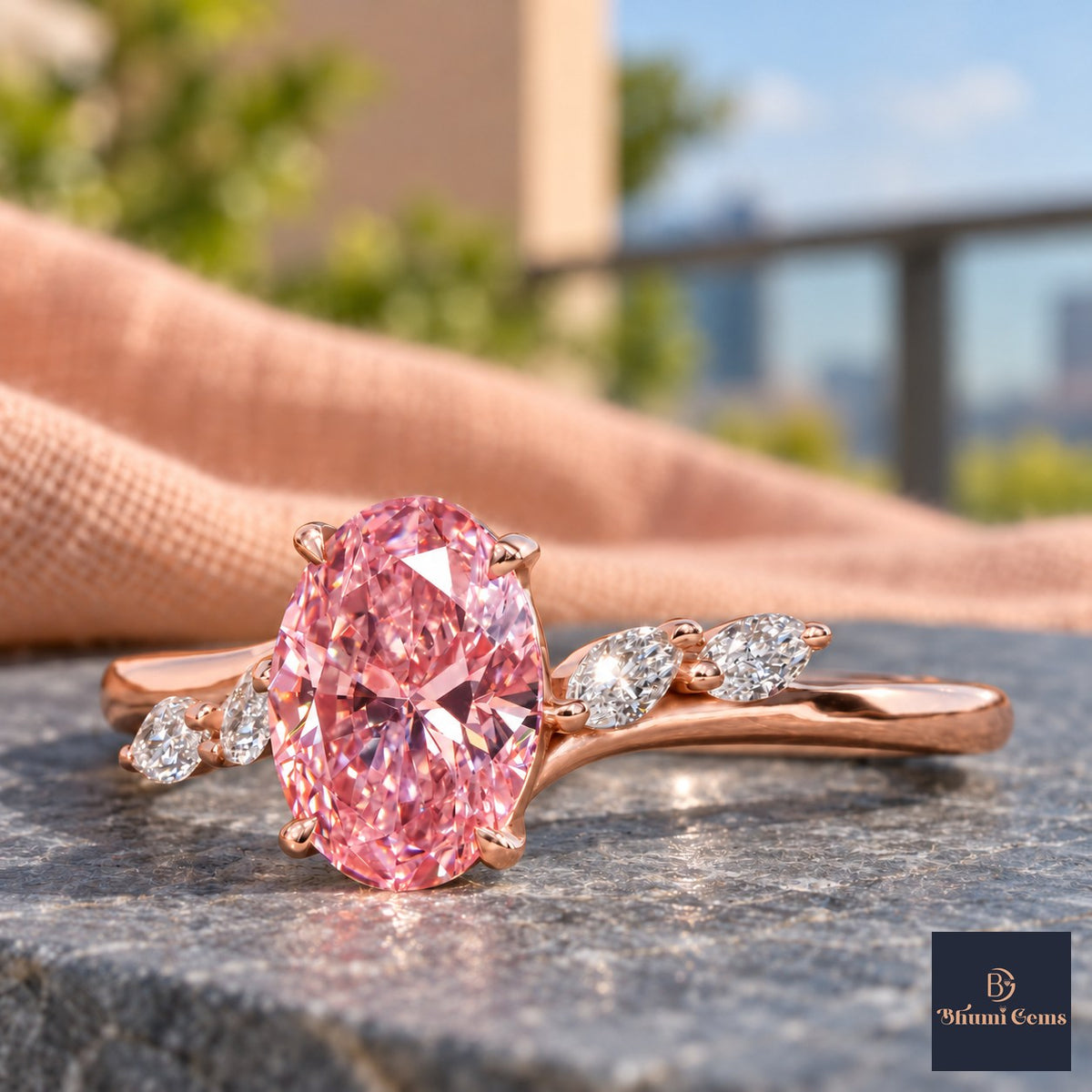 Pink Oval Cut Lab Grown Diamond Engagement Ring - Leaf Bypass in rose gold, close-up