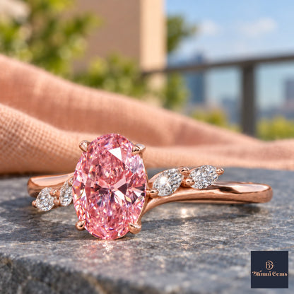 Pink Oval Cut Lab Grown Diamond Engagement Ring - Leaf Bypass in rose gold, close-up