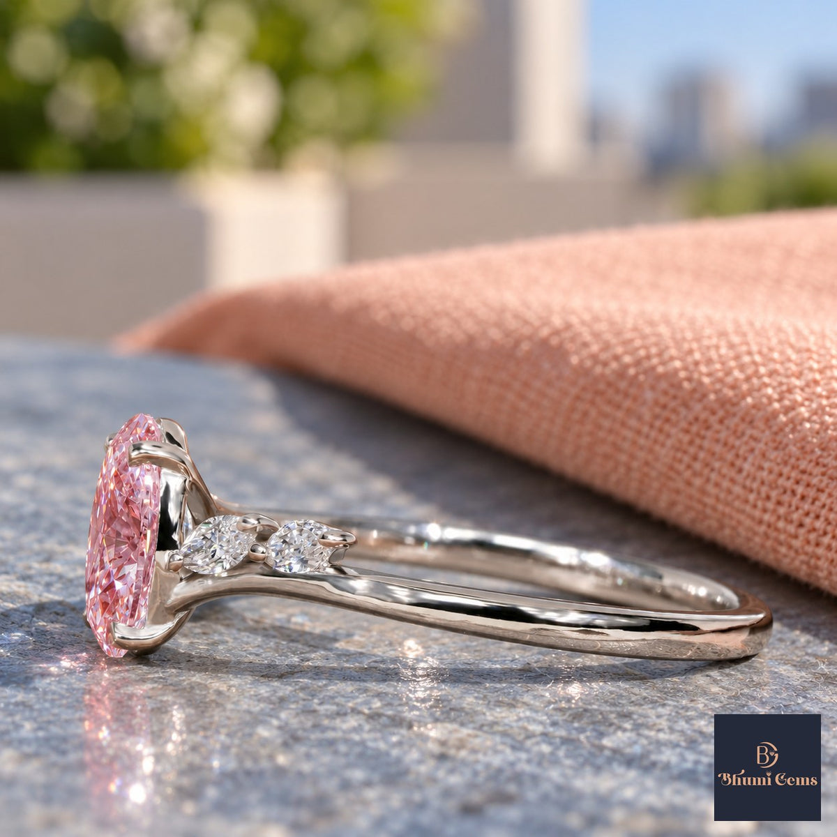 Pink Oval Cut Lab Grown Diamond Engagement Ring - Leaf Bypass in white gold, side view