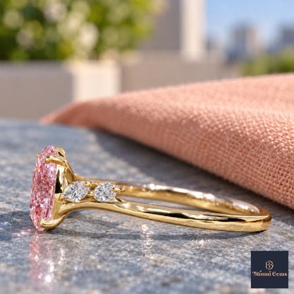 Pink Oval Cut Lab Grown Diamond Engagement Ring - Leaf Bypass in yellow gold, side view