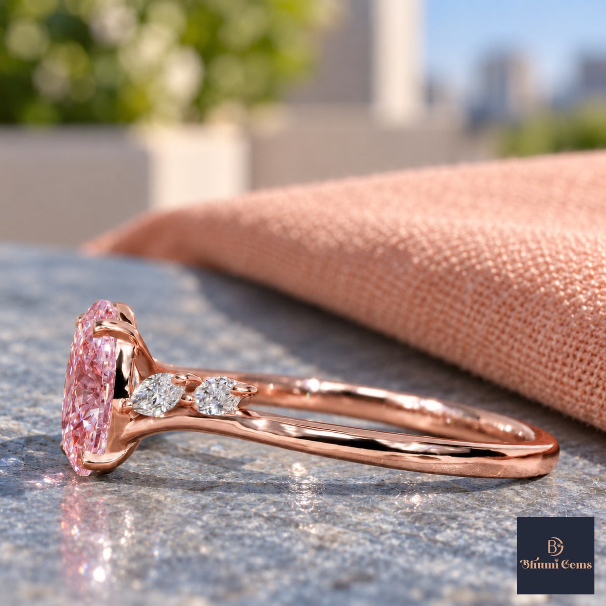 Pink Oval Cut Lab Grown Diamond Engagement Ring - Leaf Bypass in rose gold, side view
