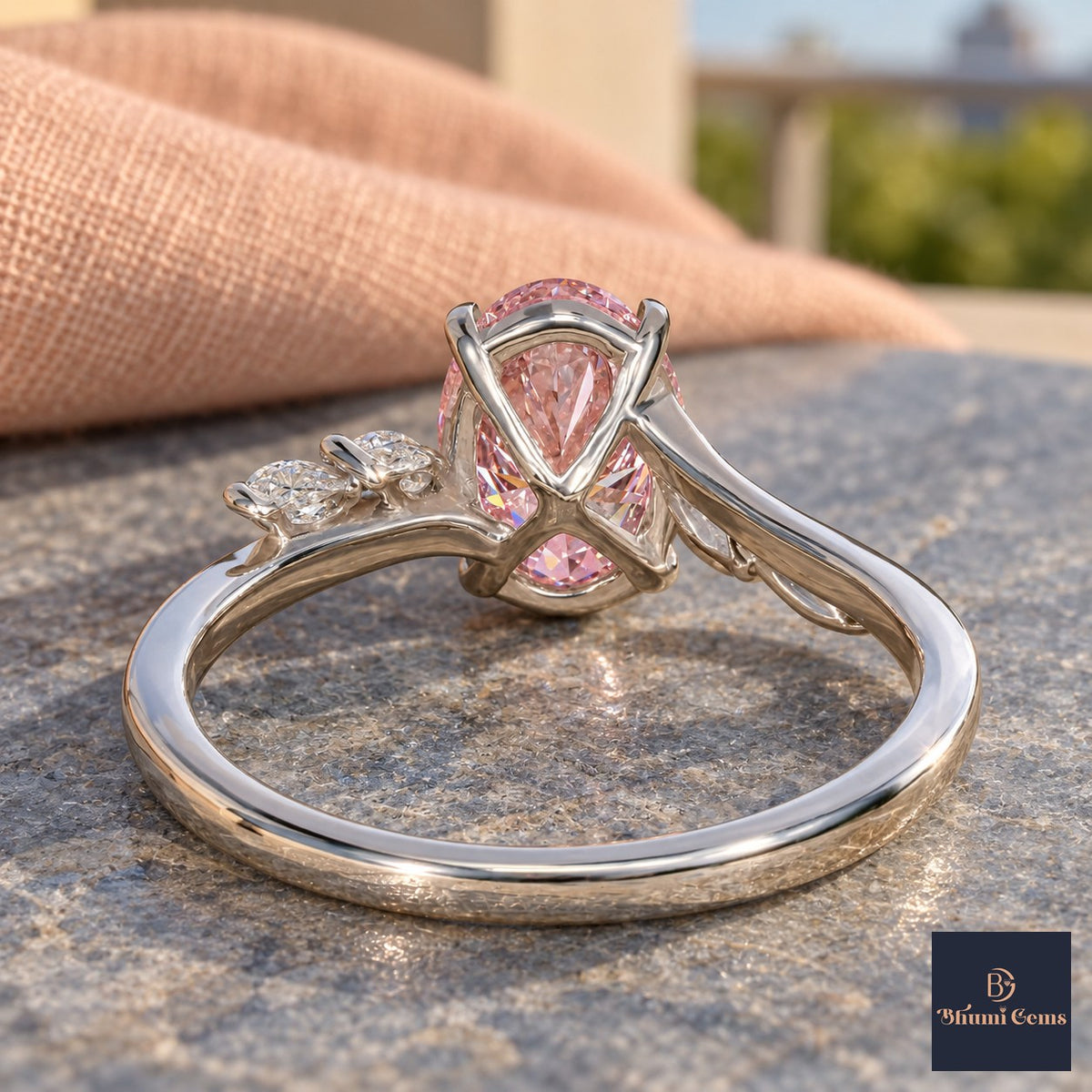 Pink Oval Cut Lab Grown Diamond Engagement Ring - Leaf Bypass in white gold, gallery view