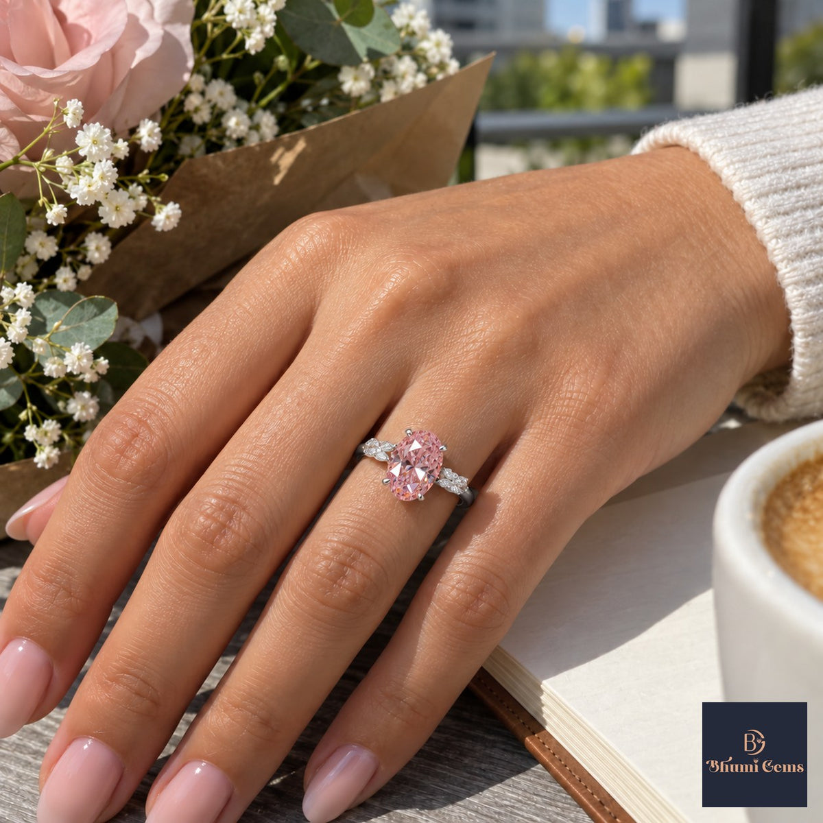 Pink Oval Cut Lab Grown Diamond Engagement Ring - Leaf Bypass in white gold, worn on the hand