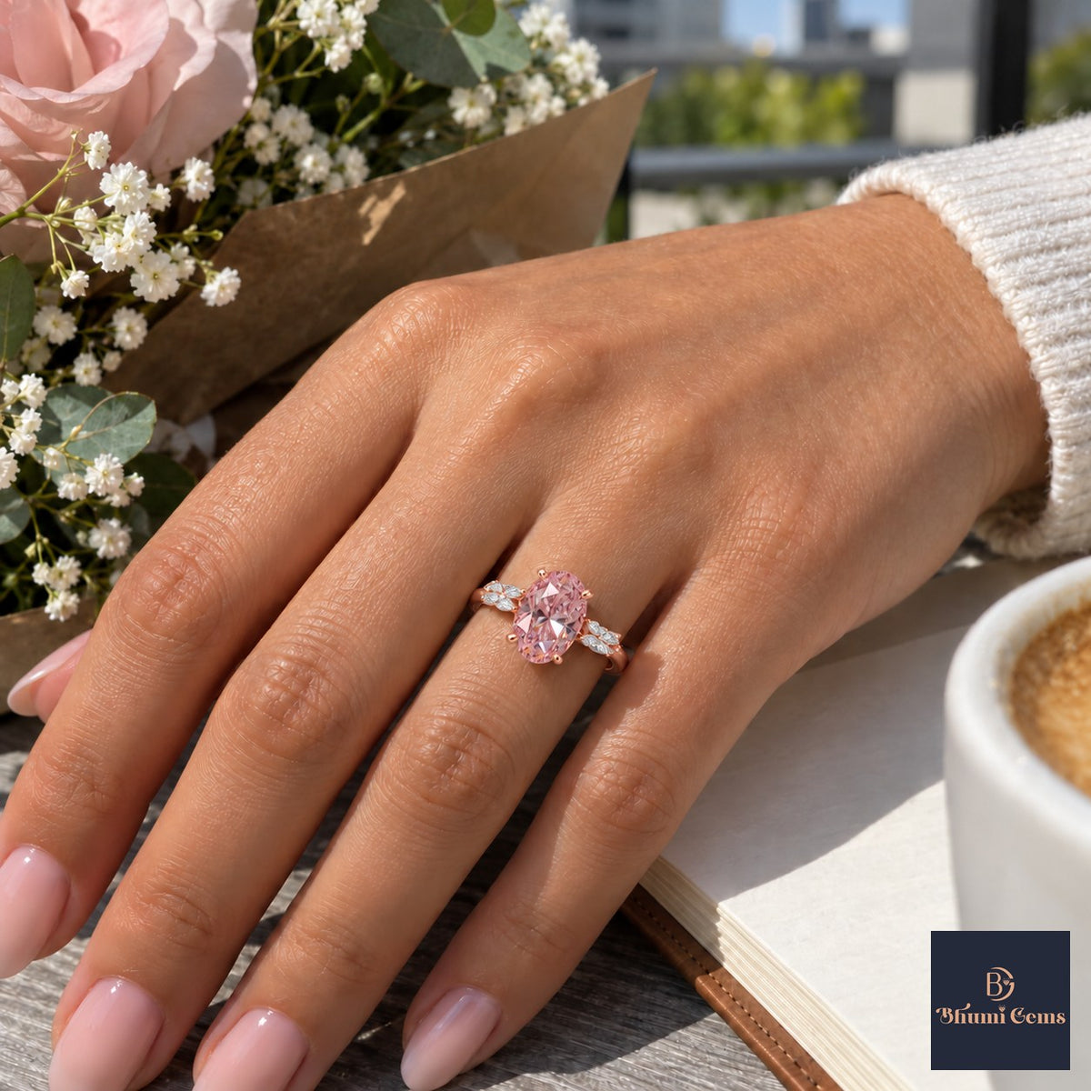Pink Oval Cut Lab Grown Diamond Engagement Ring - Leaf Bypass in rose gold, worn on the hand
