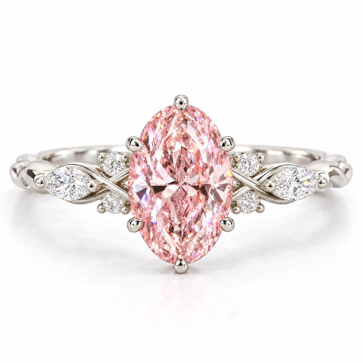 Pink Oval Cut Lab Grown Diamond Engagement Ring - Leaf Cluster Shoulders in white gold, front view