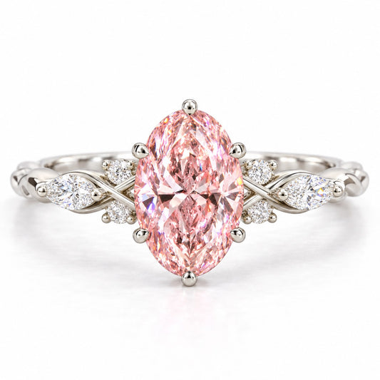 Pink Oval Cut Lab Grown Diamond Engagement Ring - Leaf Cluster Shoulders in white gold, front view