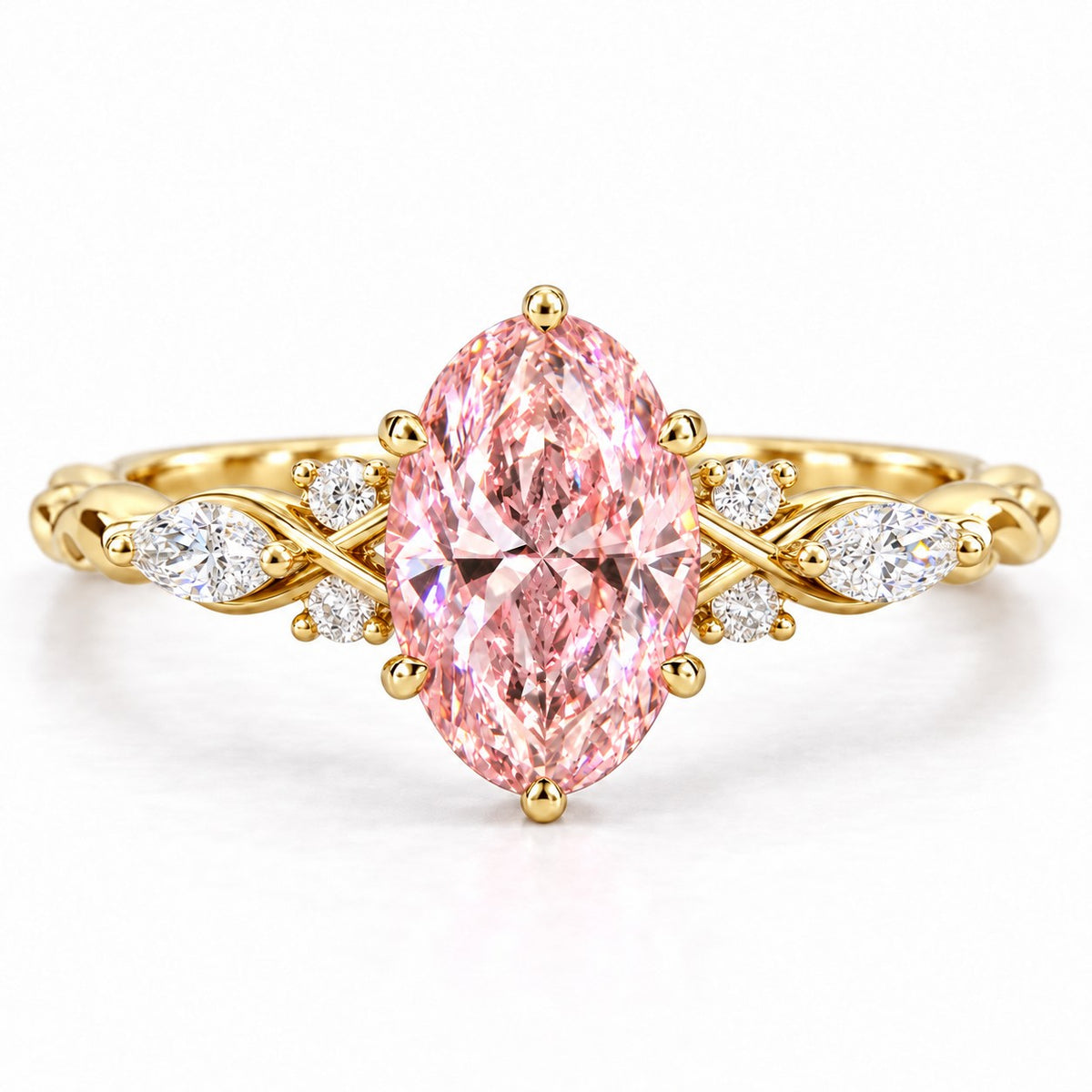 Pink Oval Cut Lab Grown Diamond Engagement Ring - Leaf Cluster Shoulders in yellow gold, front view