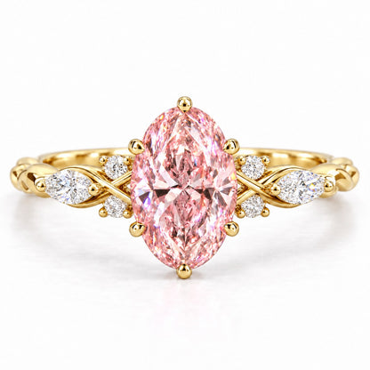 Pink Oval Cut Lab Grown Diamond Engagement Ring - Leaf Cluster Shoulders in yellow gold, front view