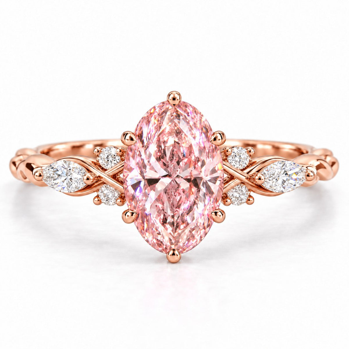 Pink Oval Cut Lab Grown Diamond Engagement Ring - Leaf Cluster Shoulders in rose gold, front view