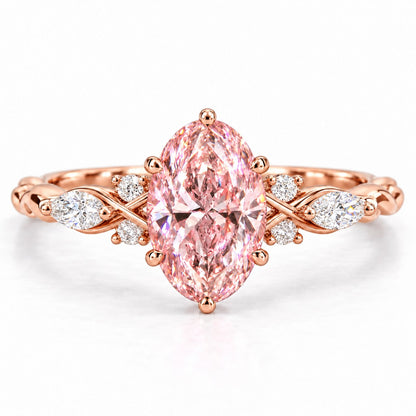 Pink Oval Cut Lab Grown Diamond Engagement Ring - Leaf Cluster Shoulders in rose gold, front view