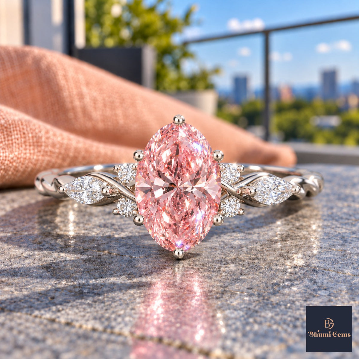 Pink Oval Cut Lab Grown Diamond Engagement Ring - Leaf Cluster Shoulders in white gold, close-up