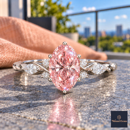 Pink Oval Cut Lab Grown Diamond Engagement Ring - Leaf Cluster Shoulders in white gold, close-up