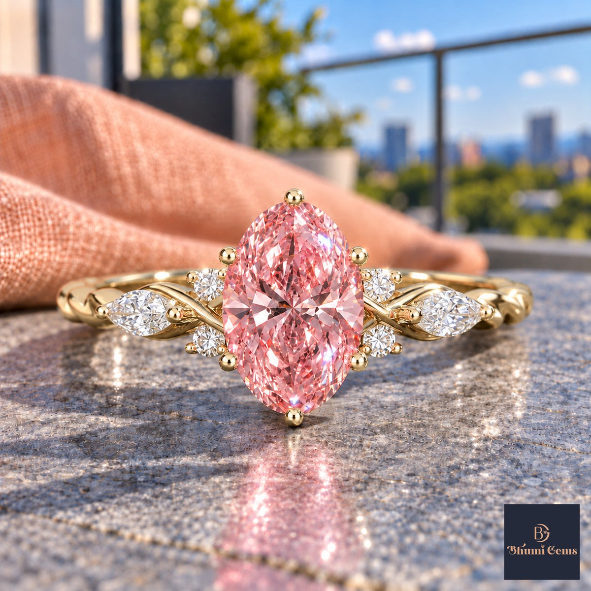 Pink Oval Cut Lab Grown Diamond Engagement Ring - Leaf Cluster Shoulders in yellow gold, close-up