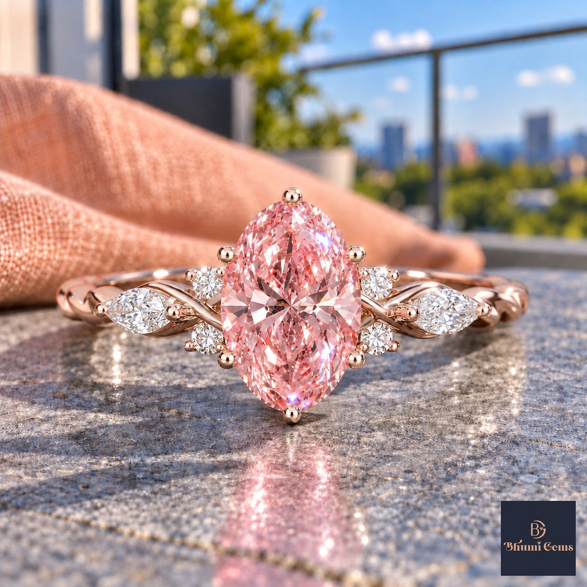 Pink Oval Cut Lab Grown Diamond Engagement Ring - Leaf Cluster Shoulders in rose gold, close-up