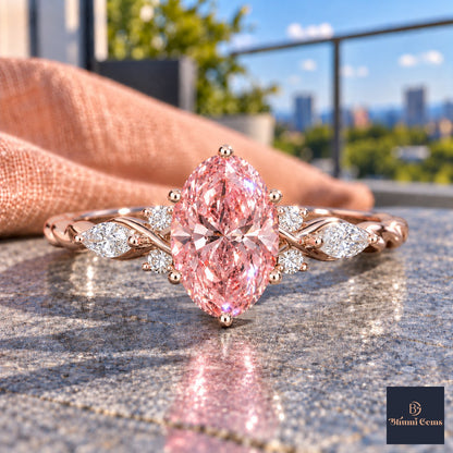 Pink Oval Cut Lab Grown Diamond Engagement Ring - Leaf Cluster Shoulders in rose gold, close-up