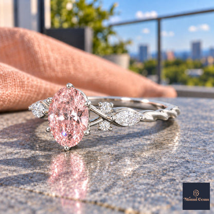 Pink Oval Cut Lab Grown Diamond Engagement Ring - Leaf Cluster Shoulders in white gold, side view