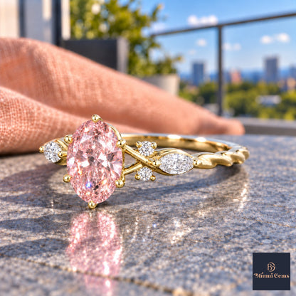 Pink Oval Cut Lab Grown Diamond Engagement Ring - Leaf Cluster Shoulders in yellow gold, side view