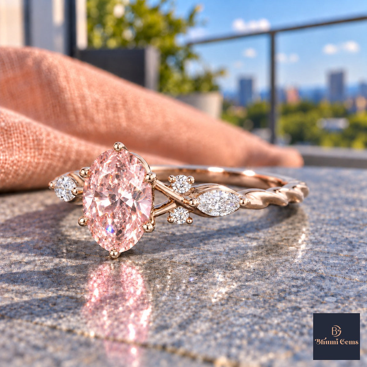 Pink Oval Cut Lab Grown Diamond Engagement Ring - Leaf Cluster Shoulders in rose gold, side view