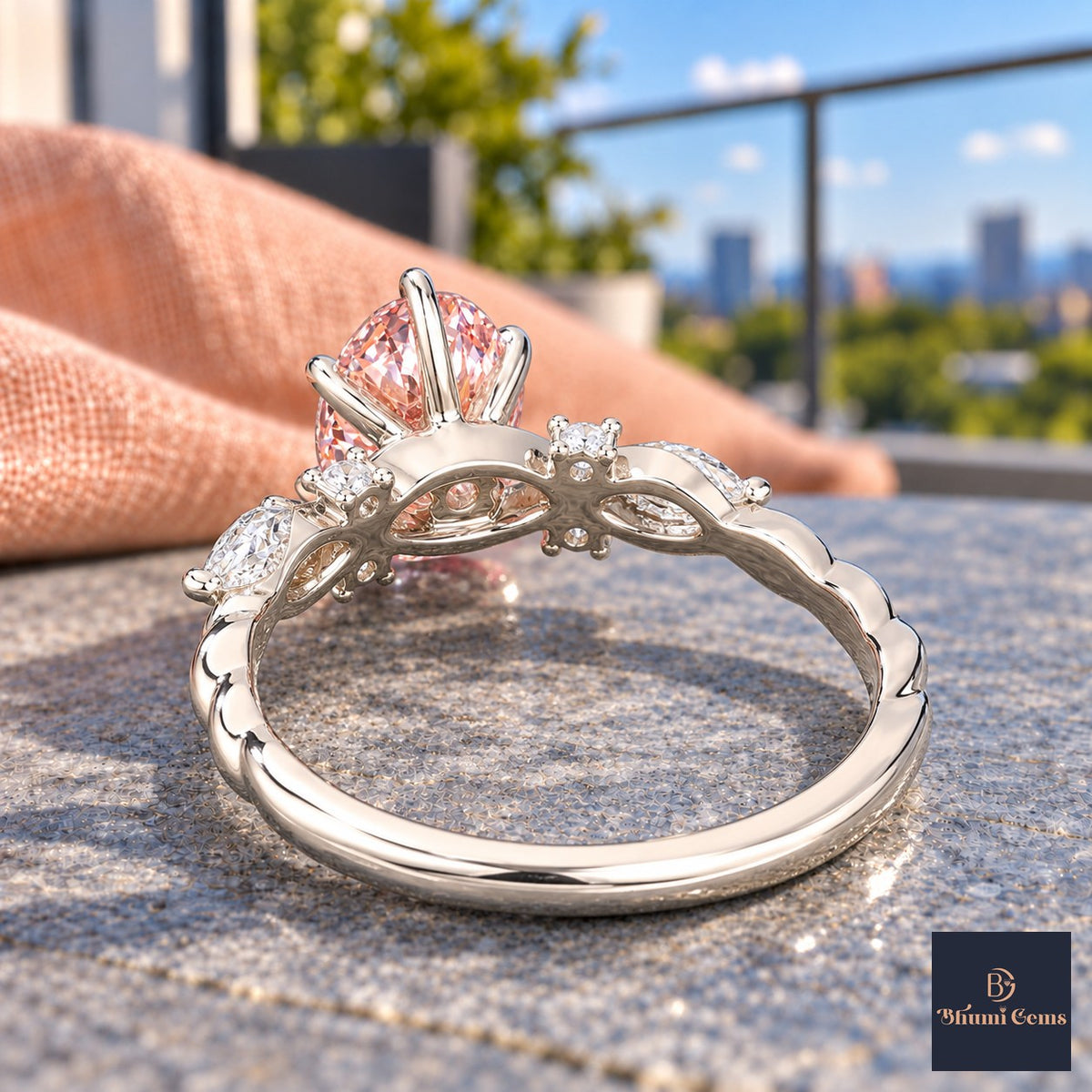 Pink Oval Cut Lab Grown Diamond Engagement Ring - Leaf Cluster Shoulders in white gold, gallery view