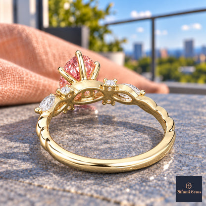 Pink Oval Cut Lab Grown Diamond Engagement Ring - Leaf Cluster Shoulders in yellow gold, gallery view