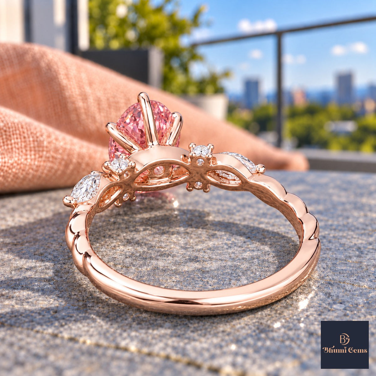Pink Oval Cut Lab Grown Diamond Engagement Ring - Leaf Cluster Shoulders in rose gold, gallery view