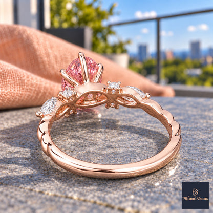 Pink Oval Cut Lab Grown Diamond Engagement Ring - Leaf Cluster Shoulders in rose gold, gallery view