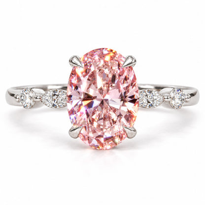 Pink Oval Cut Lab Grown Diamond Engagement Ring - Marquise and Round Accents in white gold, front view