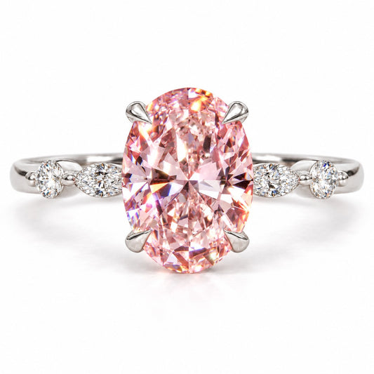 Pink Oval Cut Lab Grown Diamond Engagement Ring - Marquise and Round Accents in white gold, front view