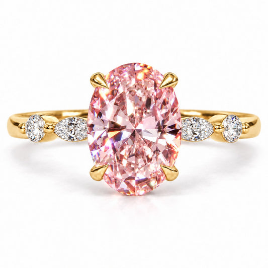 Pink Oval Cut Lab Grown Diamond Engagement Ring - Marquise and Round Accents in yellow gold, front view